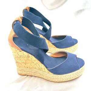 Tory Burch Solid Denim Blue Espadrille Wedge Platform Sandal Size 7.5